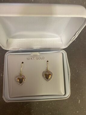 10 KT Gold Heart Drop Earrings with Crystal Accents - Gold